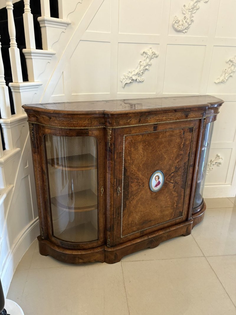 Outstanding Quality Antique Victorian Inlaid Burr Walnut Porcelain Mounted Credenza - Image 4
